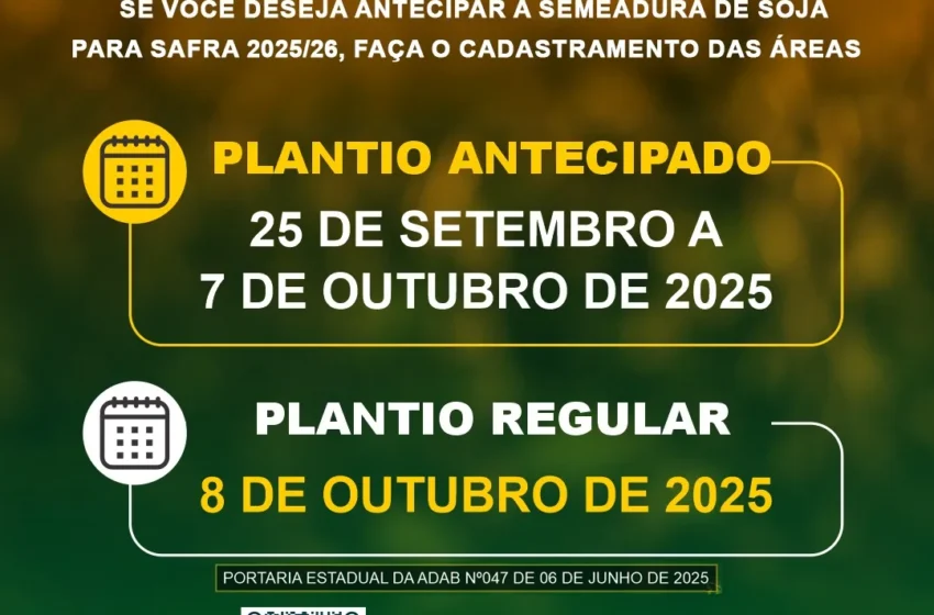 Cadastro para solicitar antecipação da semeadura da soja começa em 1º de agosto